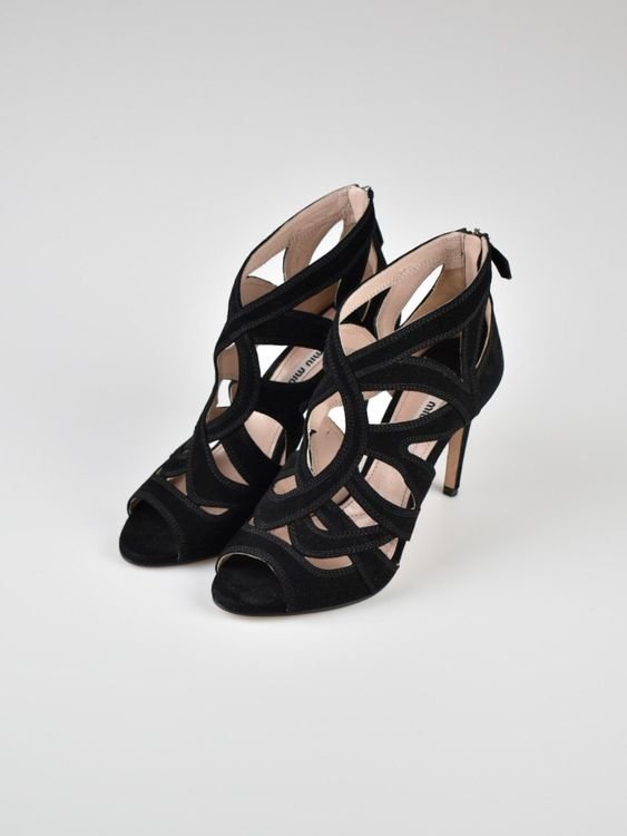 Miu Miu Peep - Toe Sandalen Gr.38.5, schwarz, Wildleder - 2ND STORY