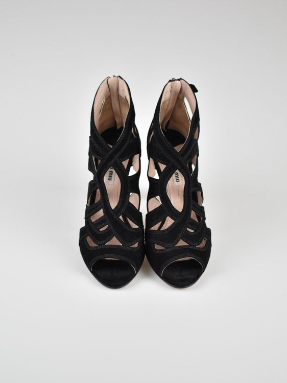 Miu Miu Peep - Toe Sandalen Gr.38.5, schwarz, Wildleder - 2ND STORY