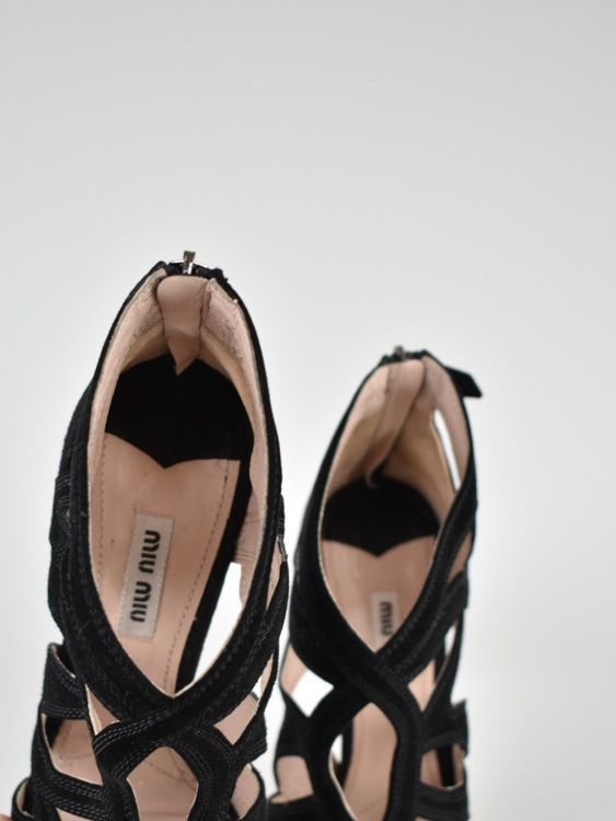 Miu Miu Peep - Toe Sandalen Gr.38.5, schwarz, Wildleder - 2ND STORY