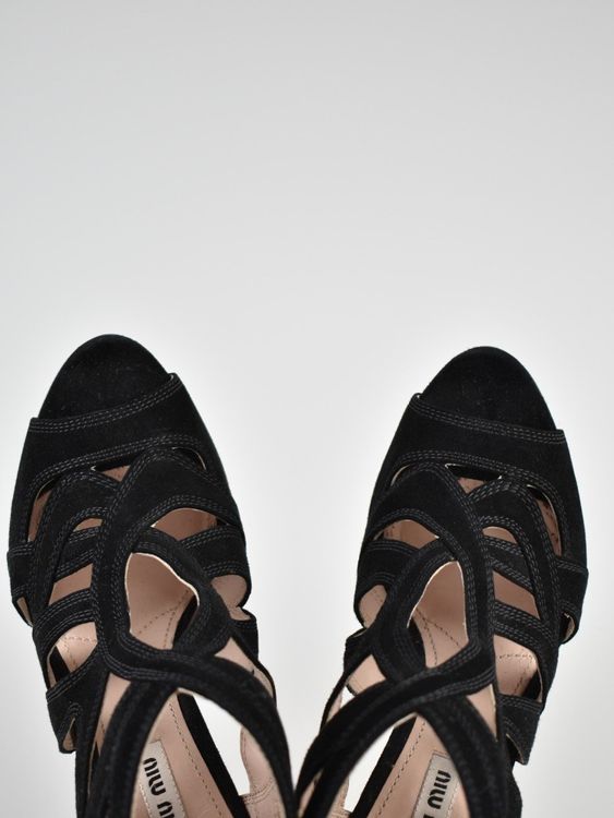 Miu Miu Peep - Toe Sandalen Gr.38.5, schwarz, Wildleder - 2ND STORY