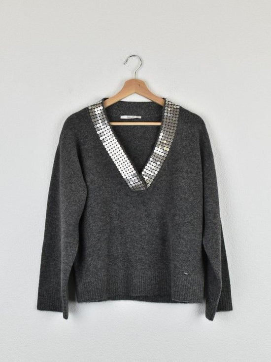 Gaudi Strickpullover mit Pailletten, grau, Gr.S-M - Pullover - 2ND STORY
